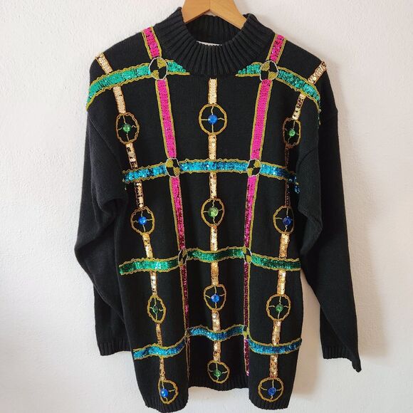 Vintage Cedars Black Embroidered Sequin Beaded Sweater Holiday Retro 80s Sz M - Picture 1 of 9